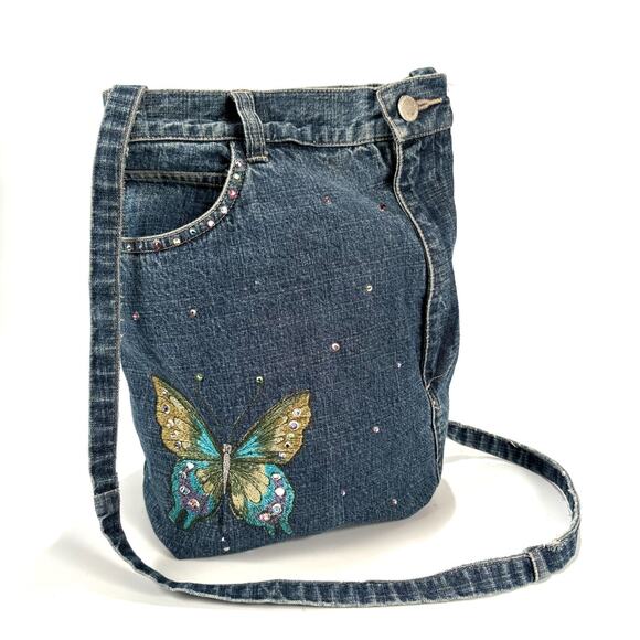 VTG Denim Handbag Bag Embroidered Tote Shoulder Jean Purse BOHO HIPPIE Handmade - Picture 1 of 11